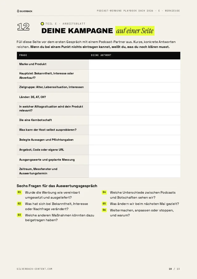 Playbook-Seite mit dem Arbeitsblatt Kampagne auf einer Seite