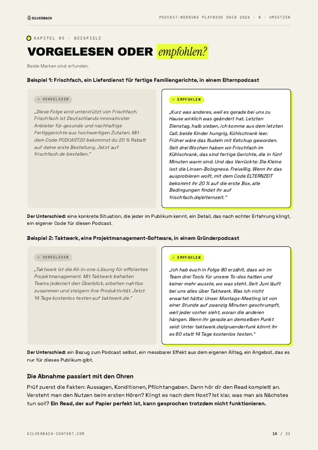 Playbook-Seite mit Beispielen für vorgelesene und empfohlene Host-Reads
